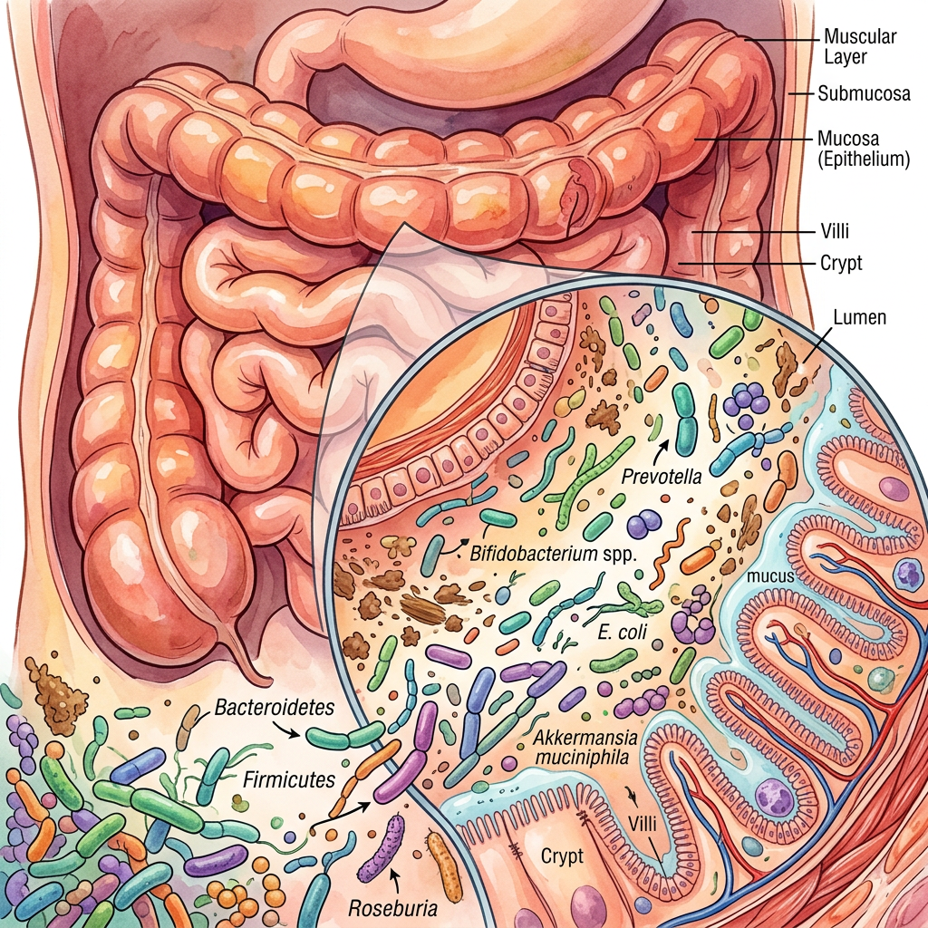 Illustration of intestinal layers with labeled bacteria including Bacteroidetes, Firmicutes, Roseburia, Bifidobacterium spp., Prevotella, E. coli, and Akkermansia muciniphila
